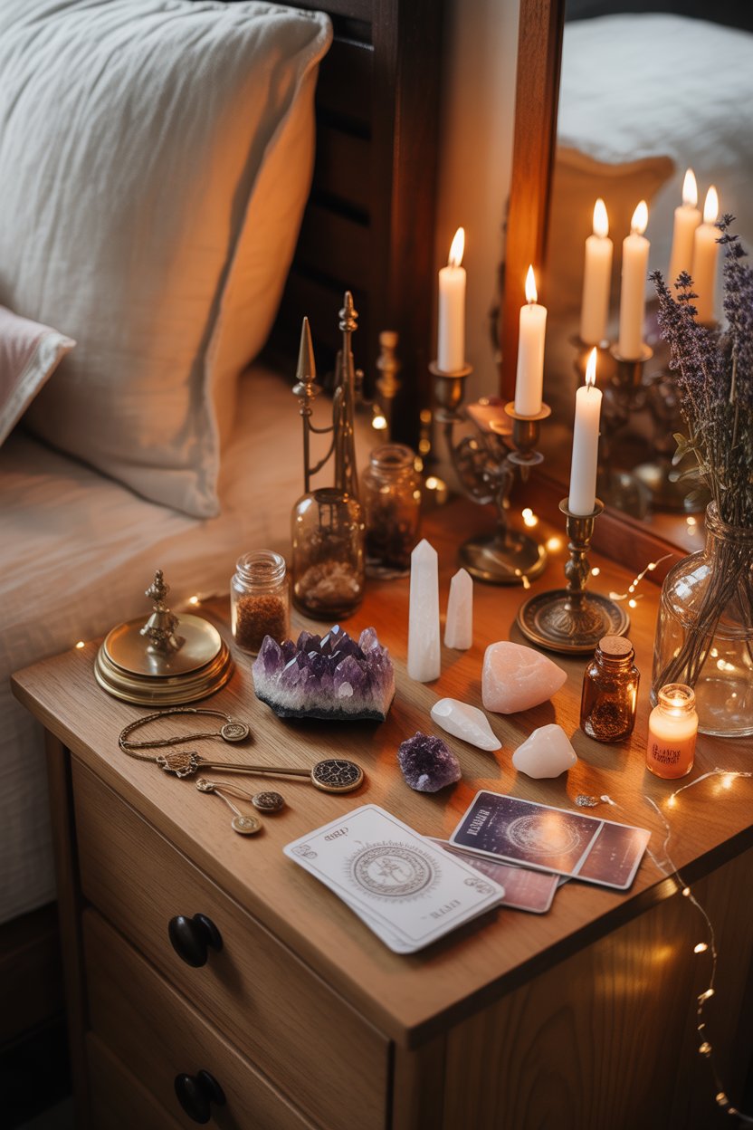 Witchy bedroom accessories with crystals and mystical decor