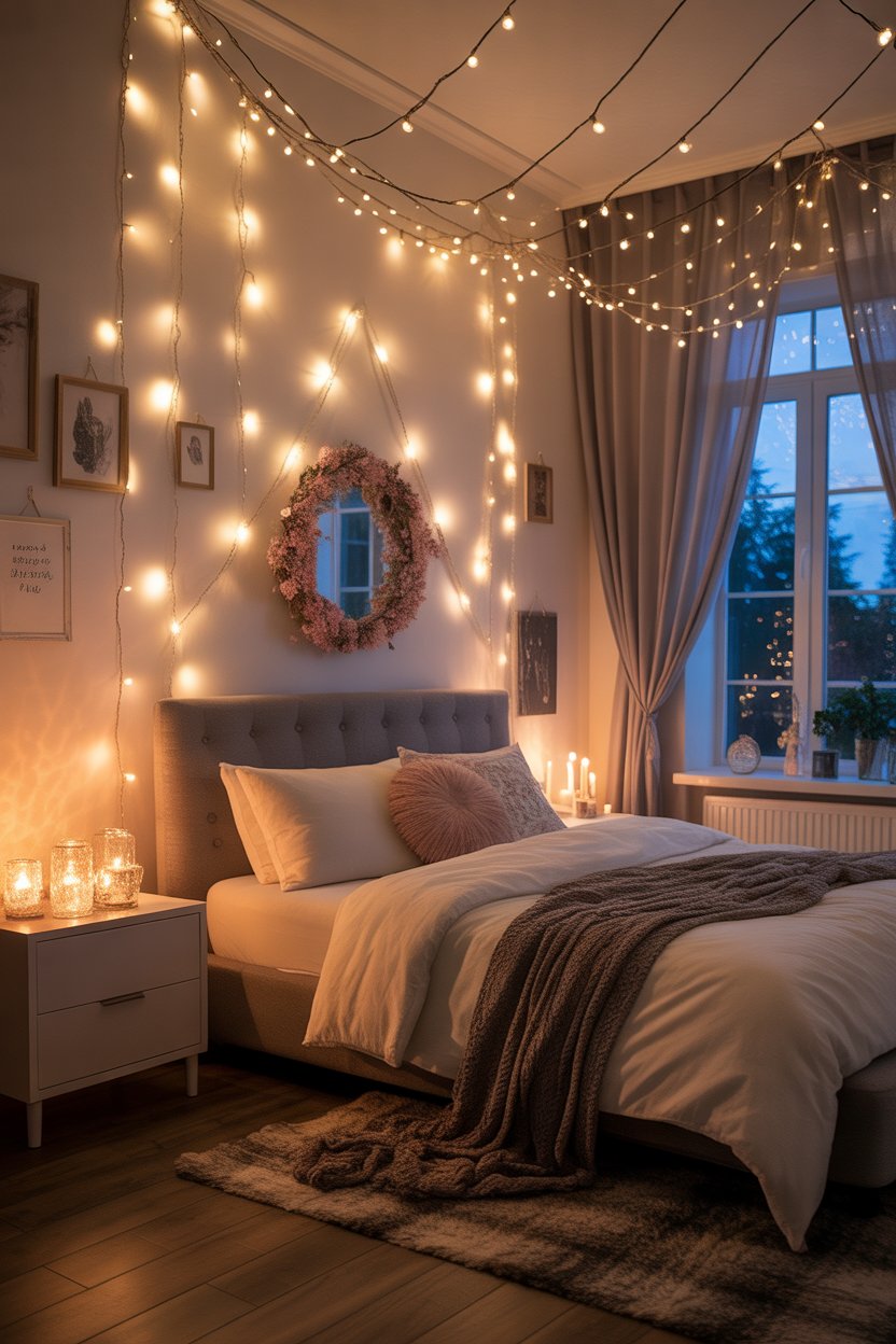 Magical lighting in a cozy witchy bedroom