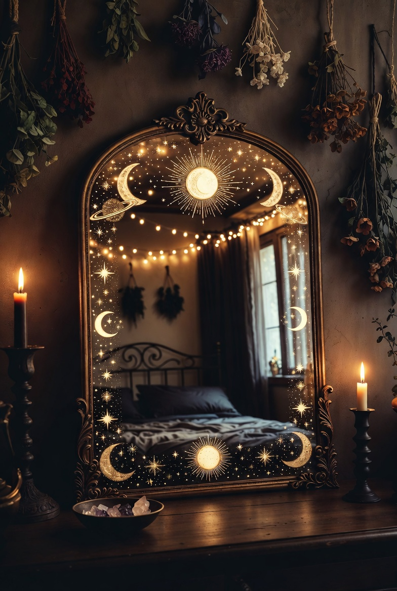 Mystic mirror reflecting fairy lights in a witchy bedroom