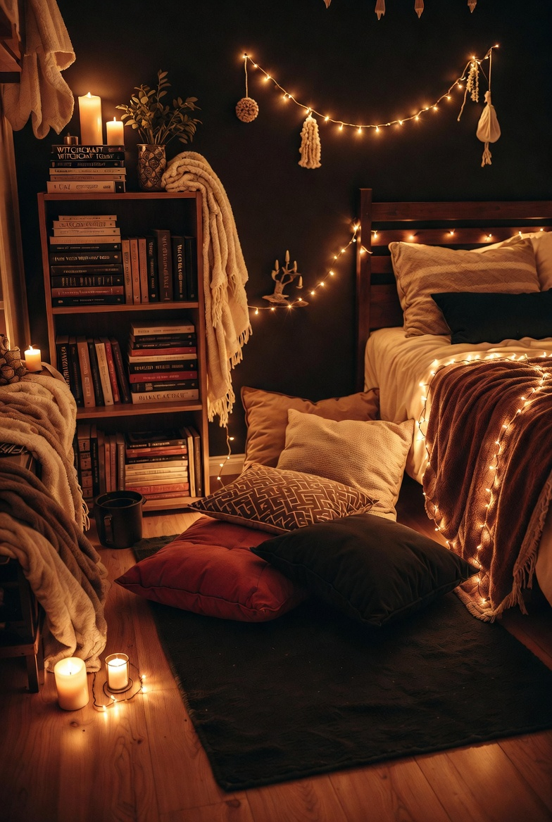 Cozy witchy reading nook with candles and fairy lights