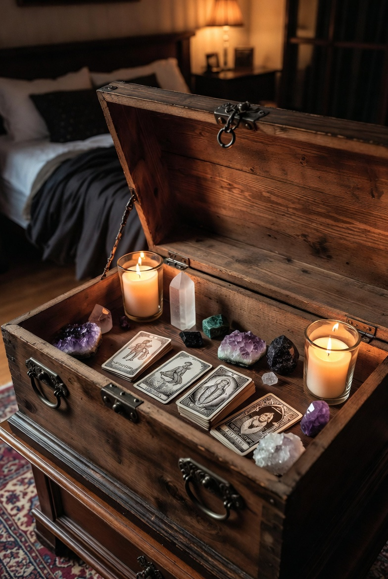 Witchy bedroom storage chest with crystals and tarot cards