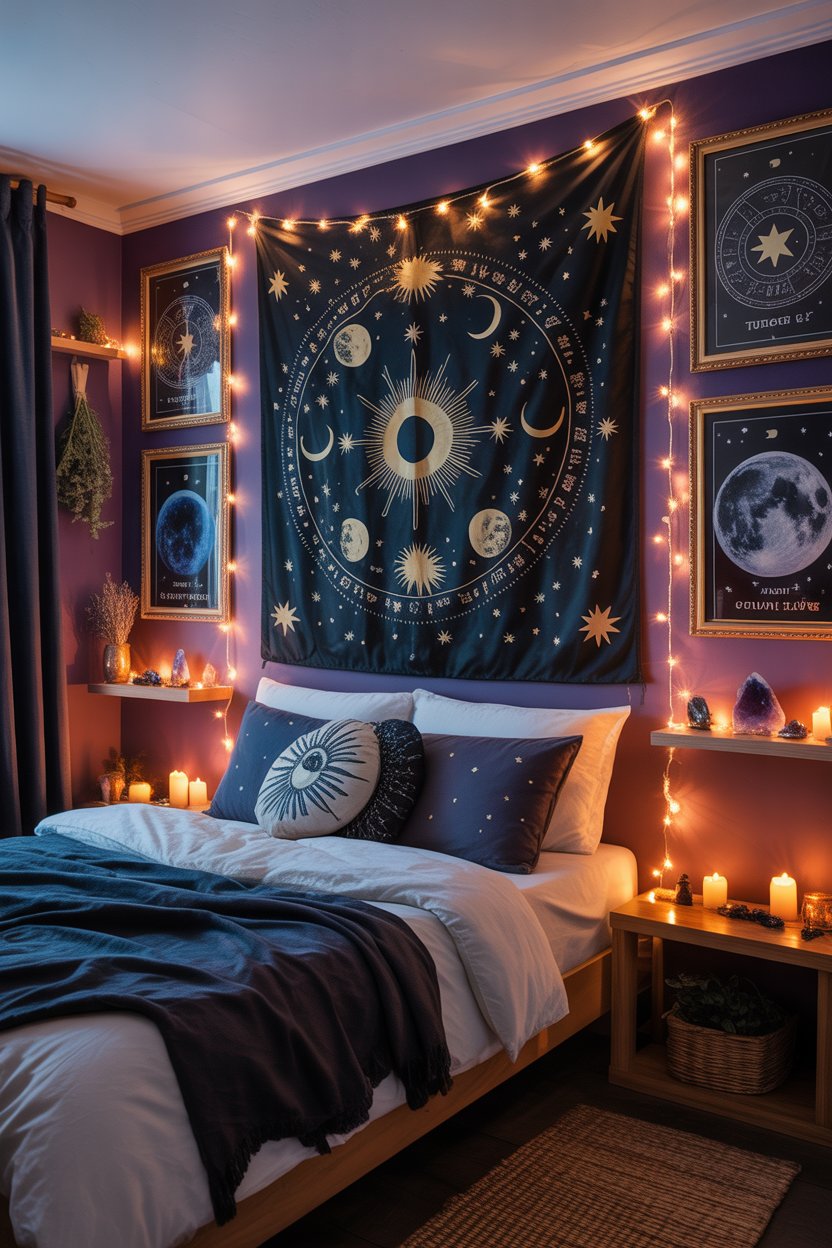 Witchy bedroom wall décor with celestial tapestry and mystical posters