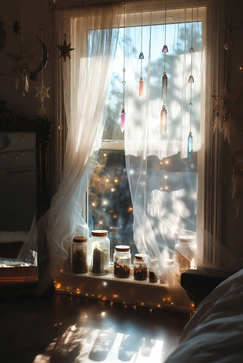 Witchy bedroom window with hanging crystals