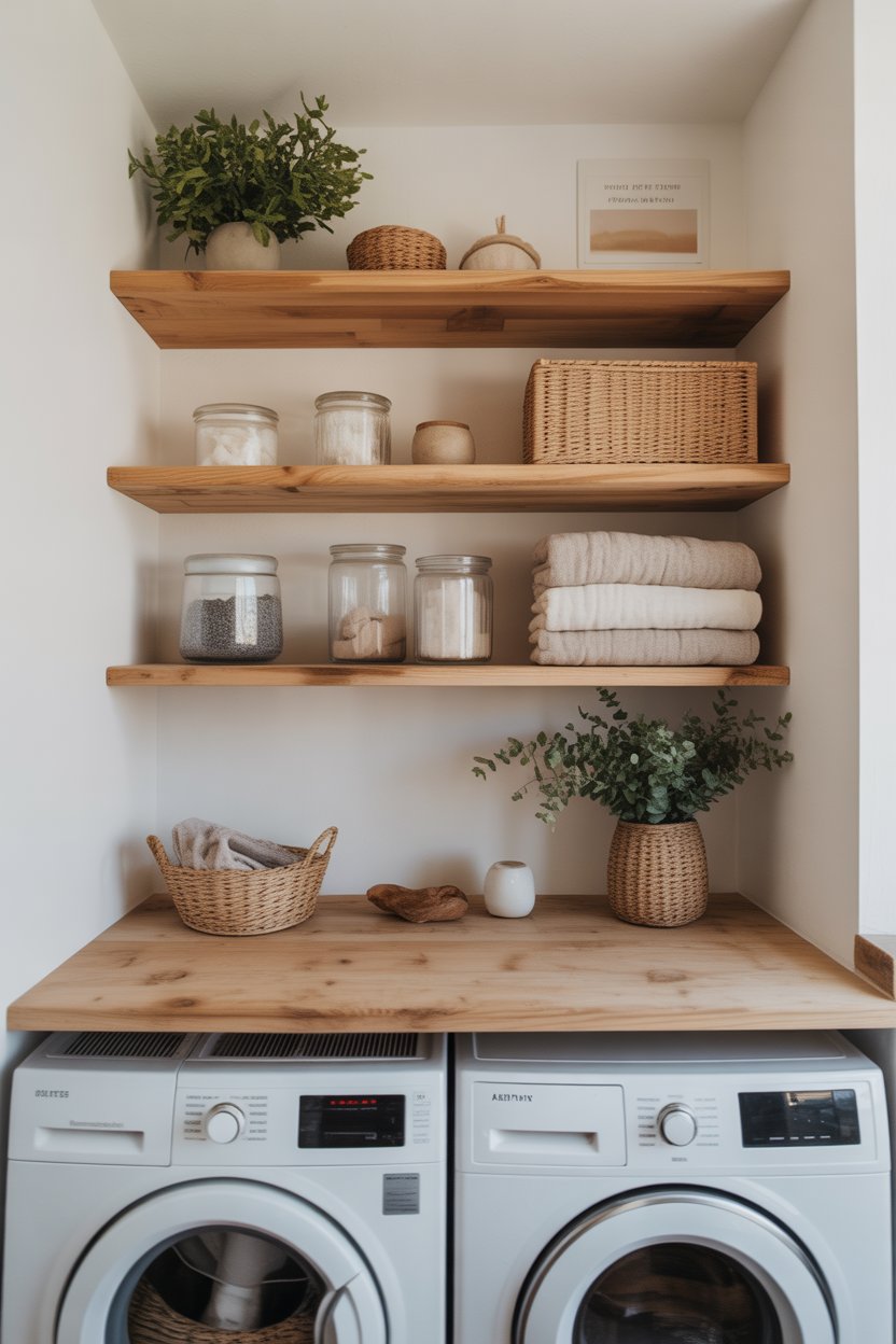 Natural wood floating shelves with jars and towels in a small, bright laundry room