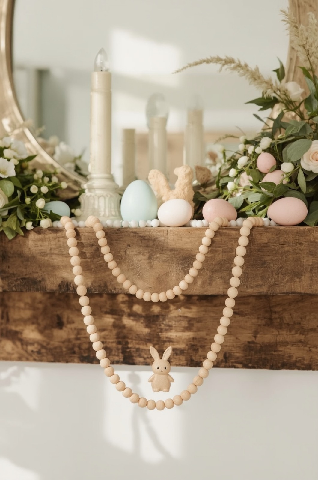Wooden bead Spring Easter Garland decorating a mantel