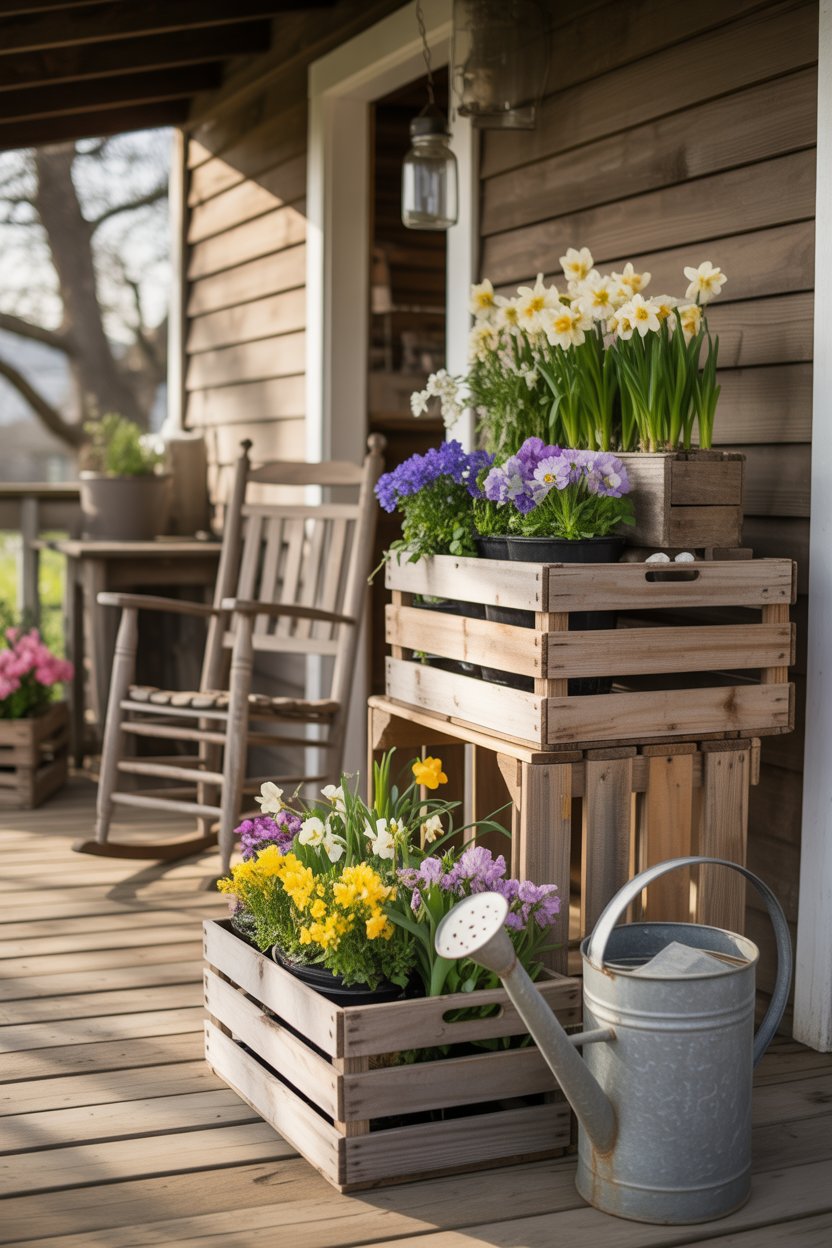 Stacked wooden crates displaying potted flowers and rustic decor on a farmhouse porch.