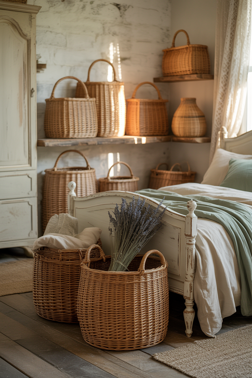 woven basket storage in a French bedroom