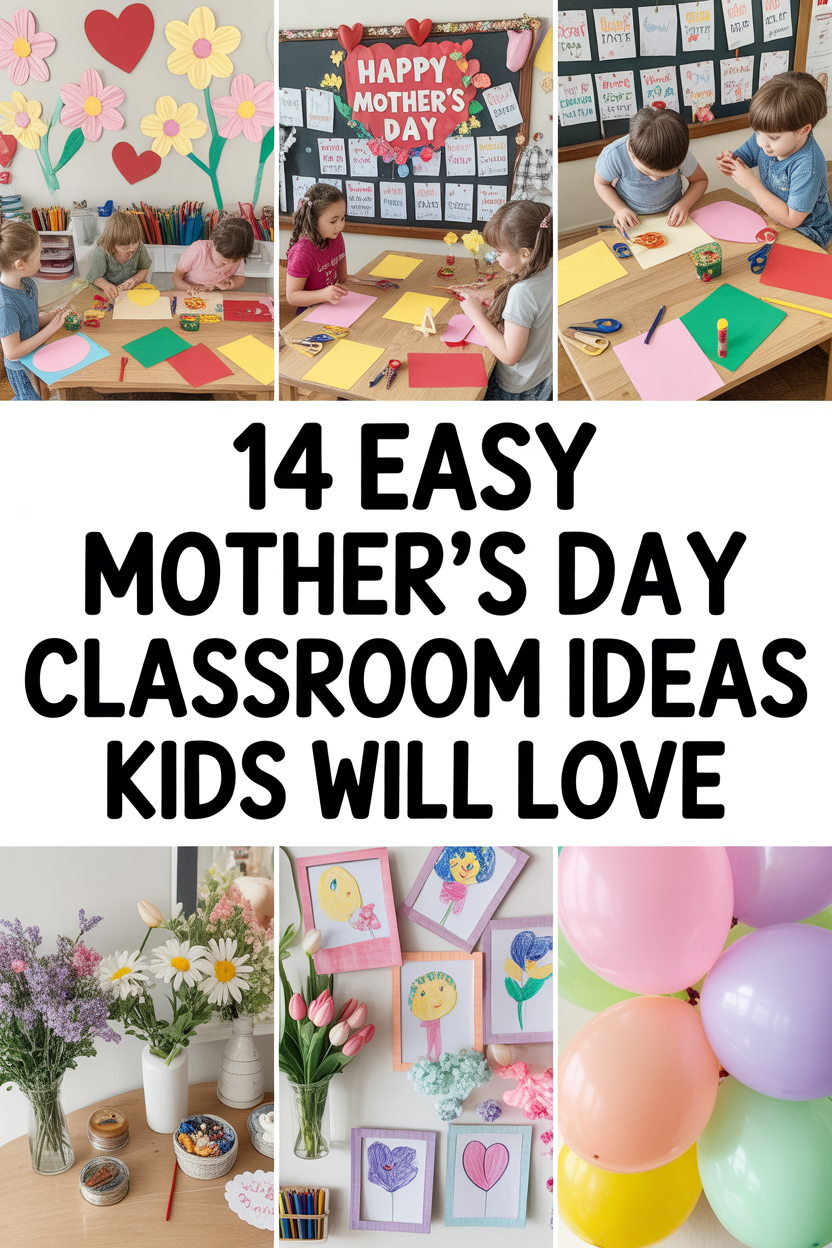 Bright classroom decorated with easy Mother’s Day decor ideas and kids DIY crafts