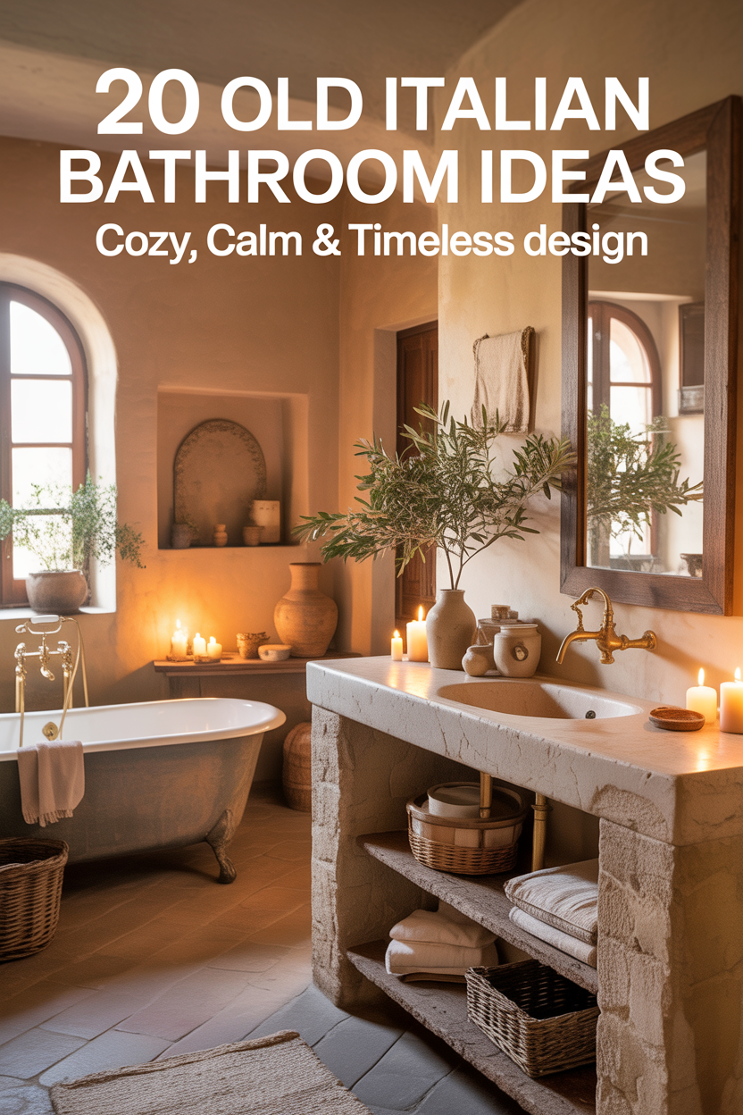 Old Italian bathroom with warm earthy tones, rustic plaster walls, vintage fixtures, and soft sunlight creating a dreamy luxury villa-style space.