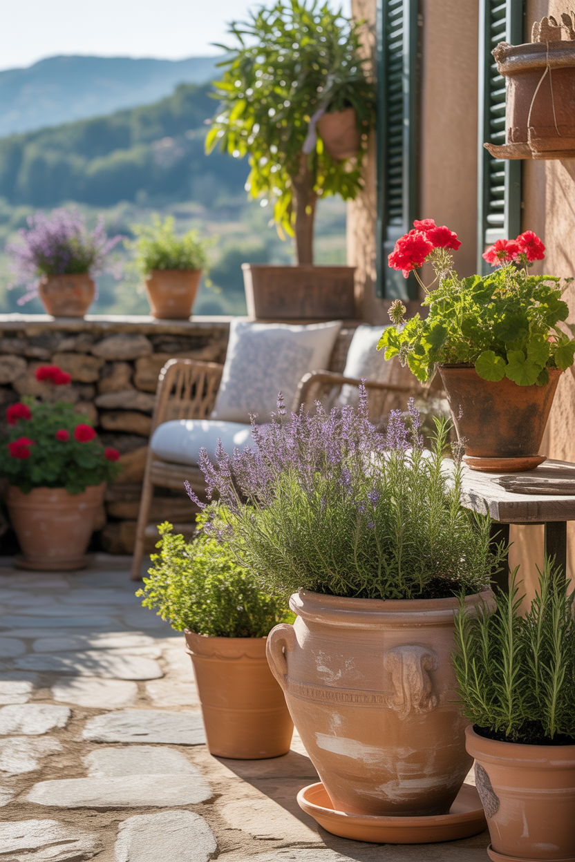 Mediterranean flower container gardening ideas with terracotta pots.
