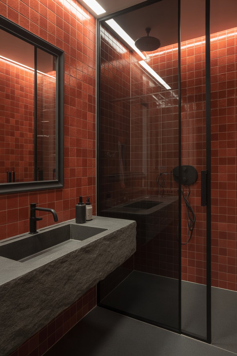 Red and black bathroom with matte black fixtures and zellige red tile walls for a bold modern look