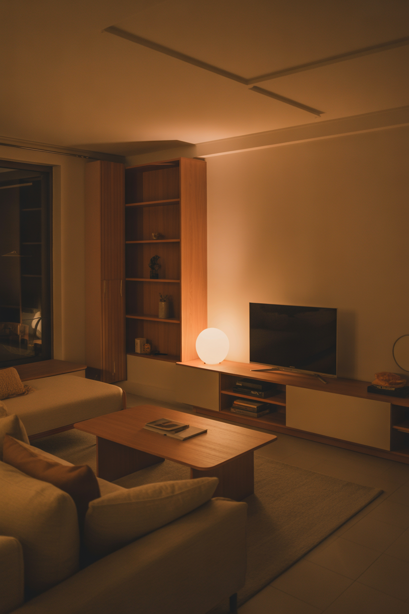 Nordic minimalist living room, functional, clean furniture layout