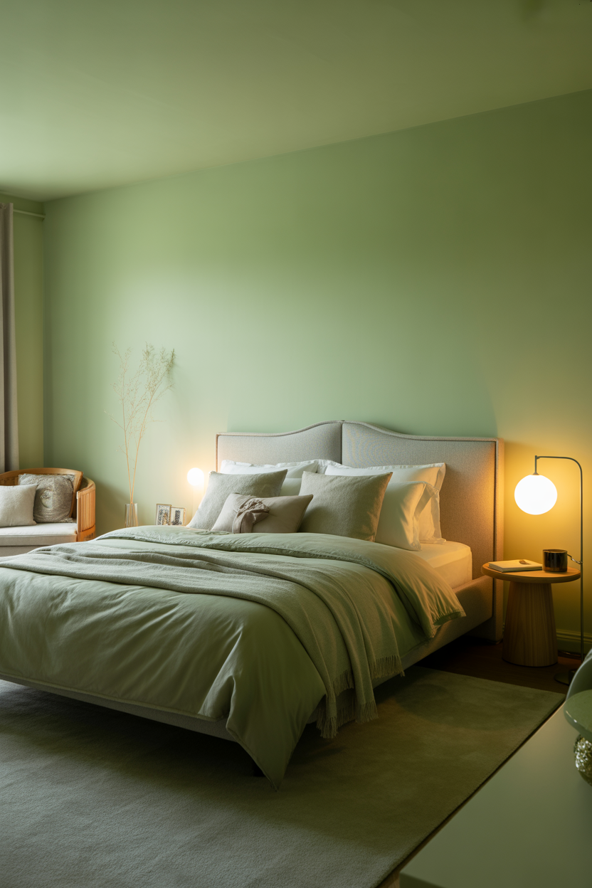 Scandinavian-style green guest bedroom with minimalist furniture and natural wood