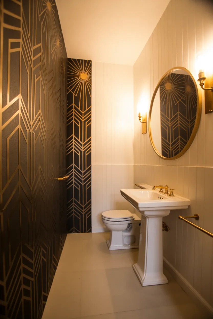 black and gold Art Deco wallpaper in a bathroom with white fixtures and gold mirror for a glamorous, bold look