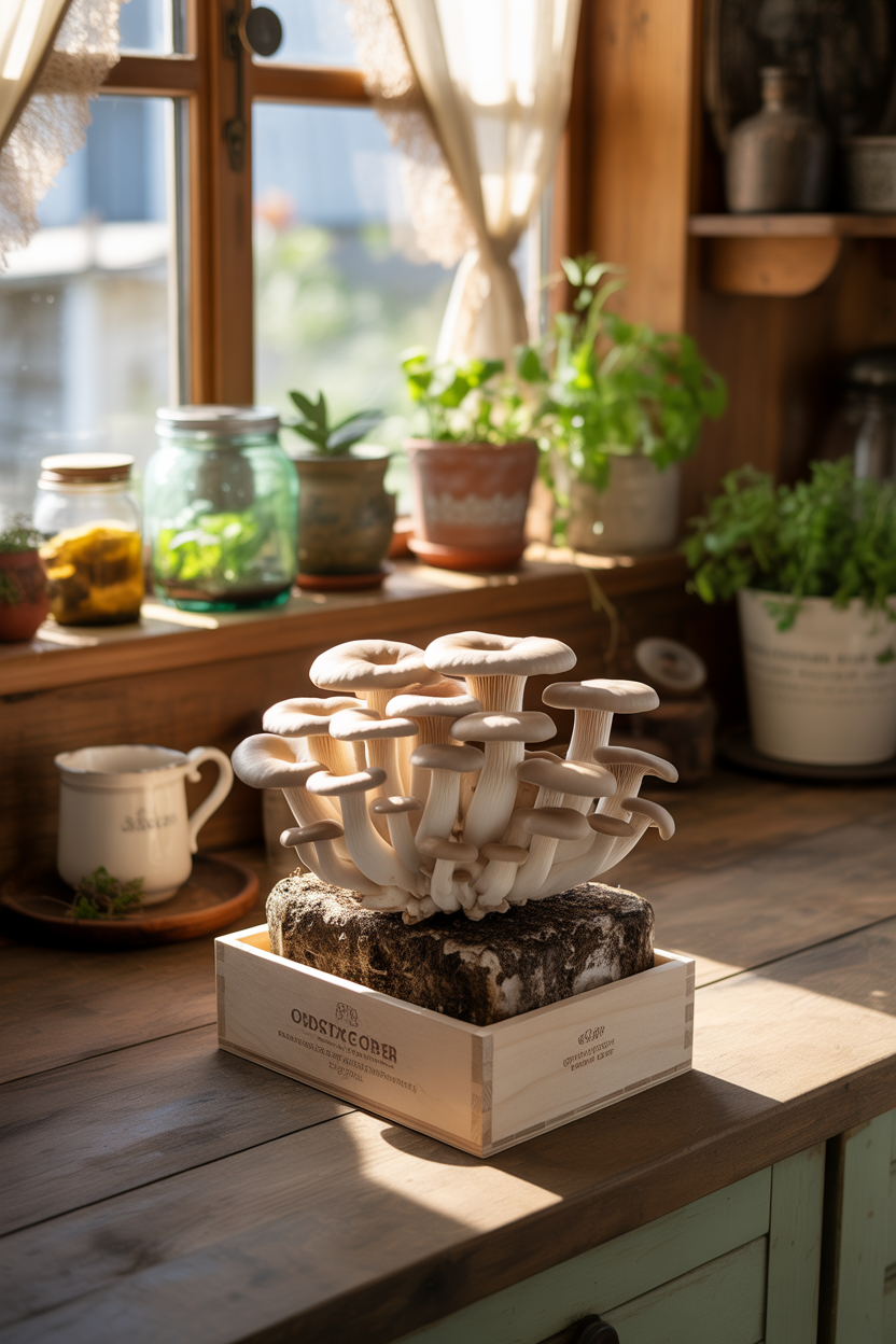 indoor mushroom growing kit on kitchen counter with natural light