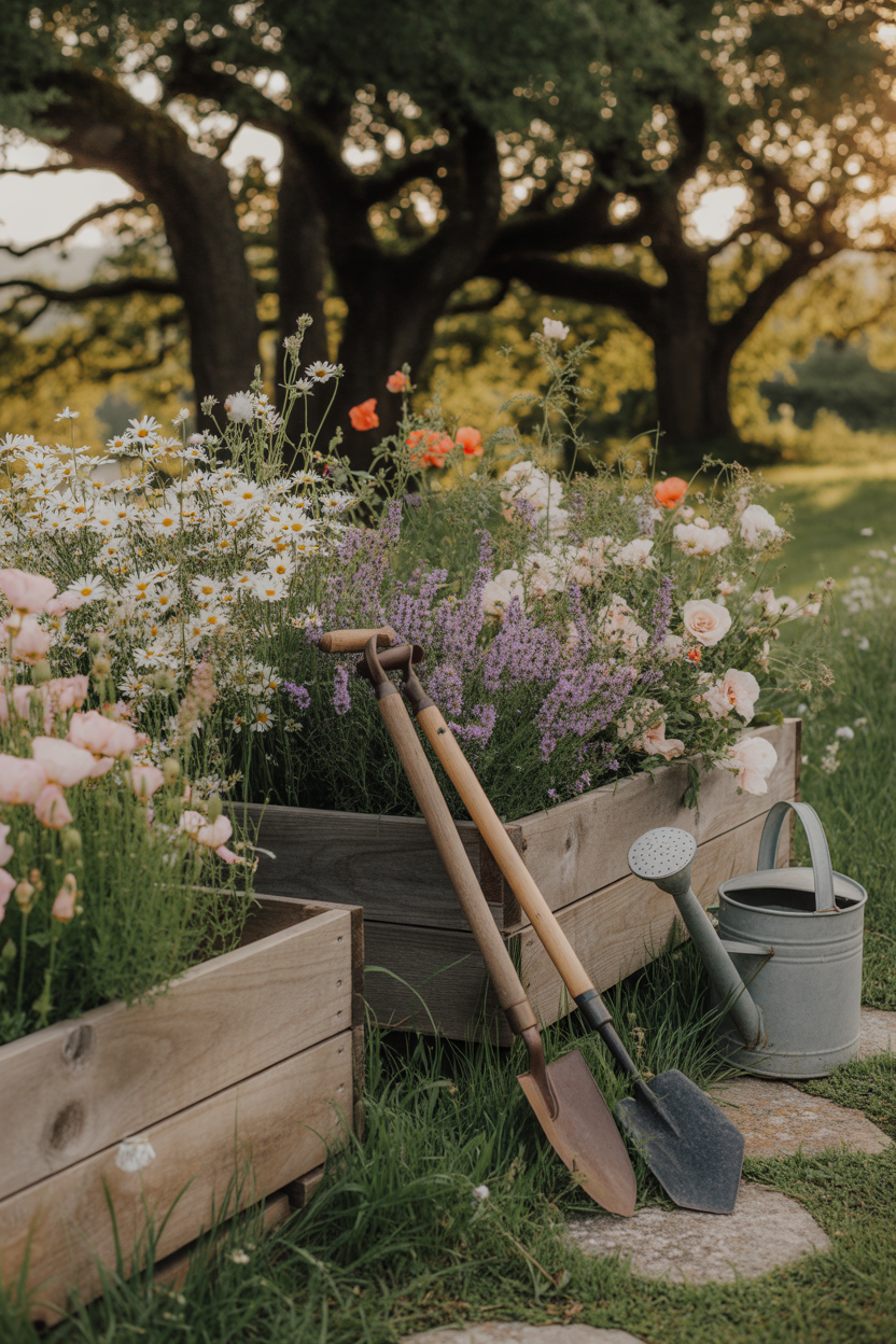 vintage garden decor ideas, wildflower beds, cozy backyard aesthetic