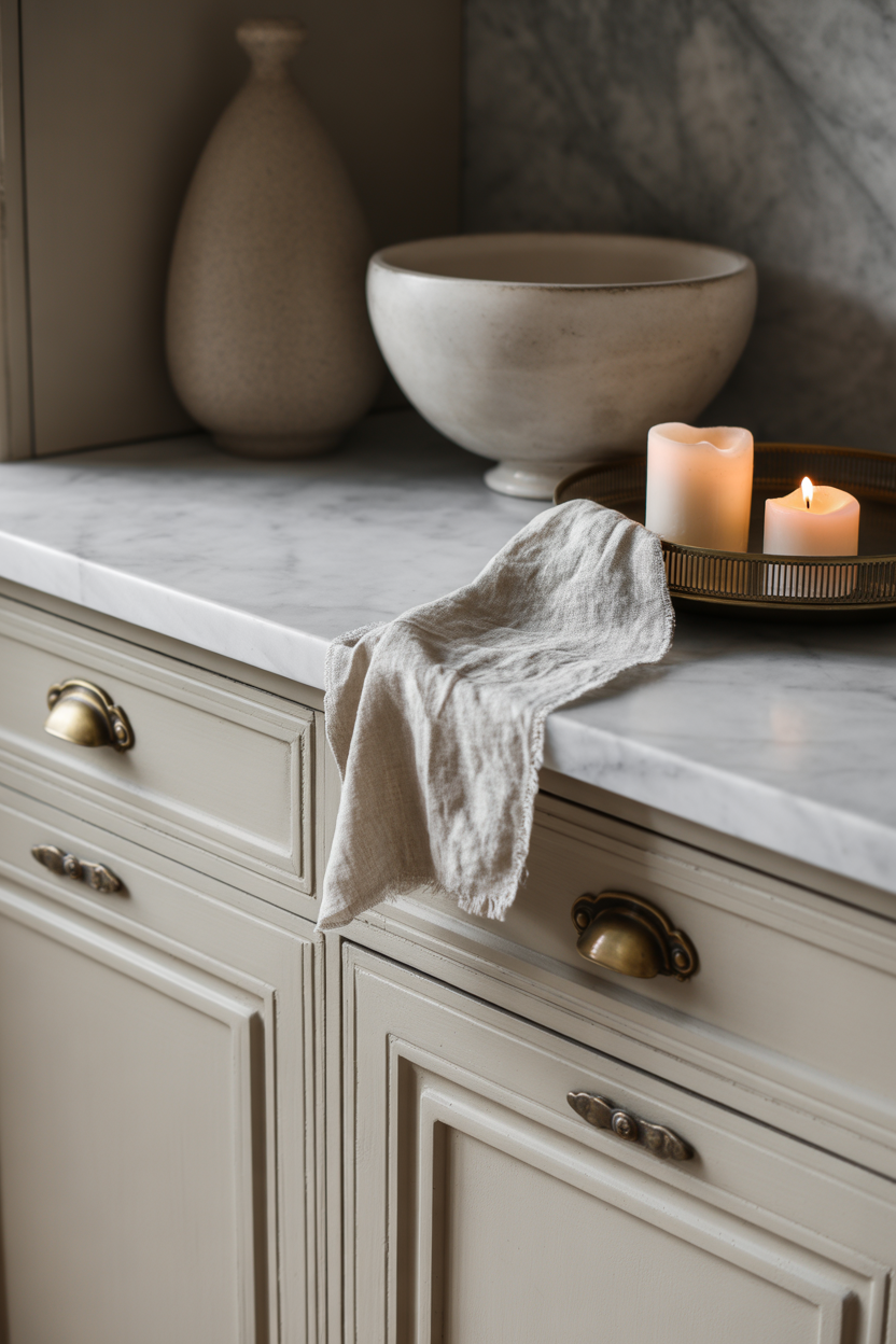 Brass handles in a French country kitchen