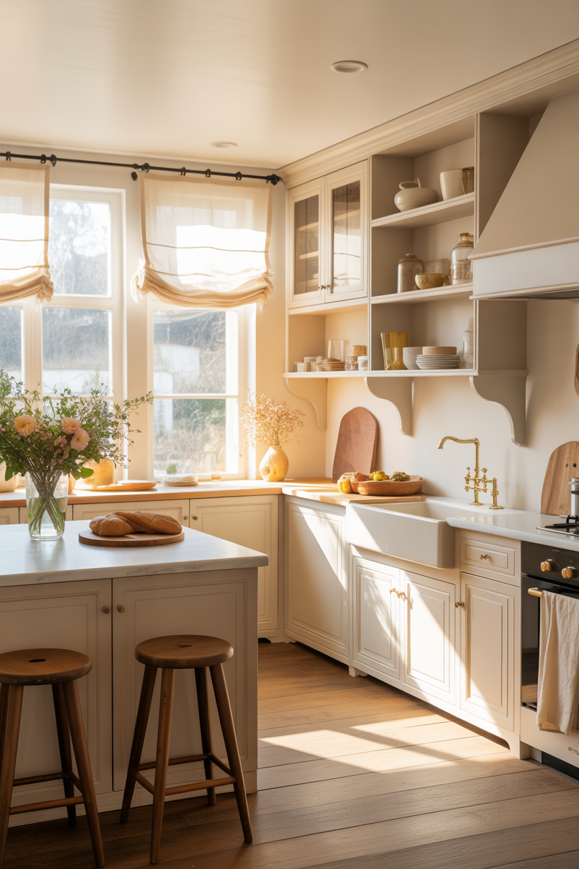 Warm, creamy farmhouse French country kitchen with rustic wood accents