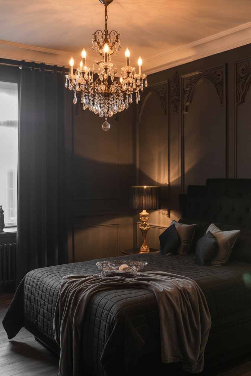 dark & moody bedroom ideas with vintage gothic mirror decor
