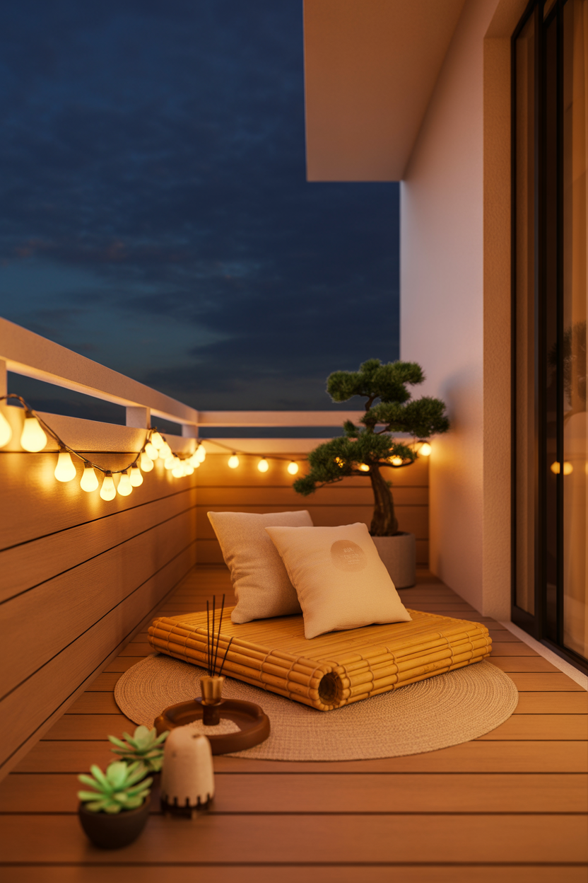 Japandi balcony meditation corner with cozy lighting and calm vibe