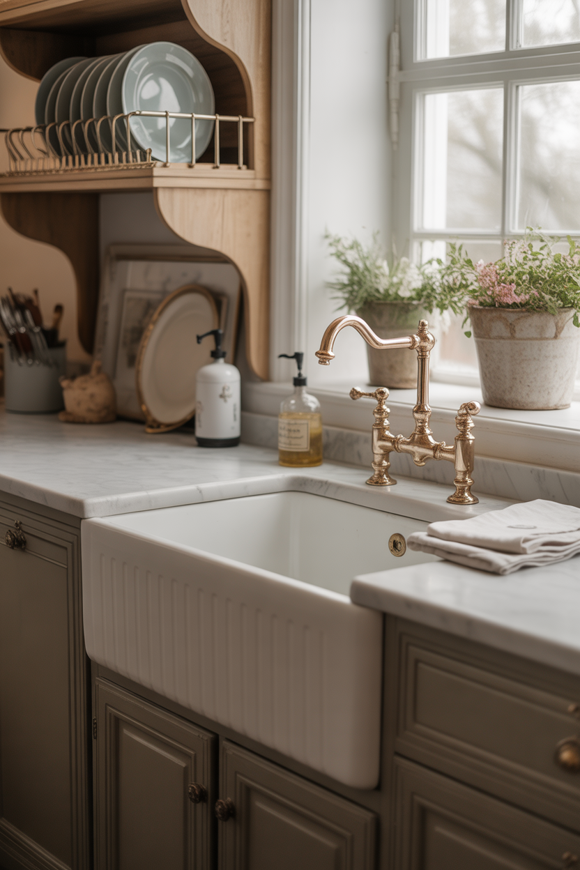Farmhouse French country sink with vintage brass faucet