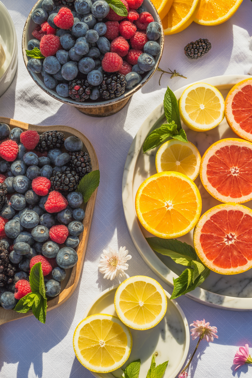 fruit display, brunch table decor
