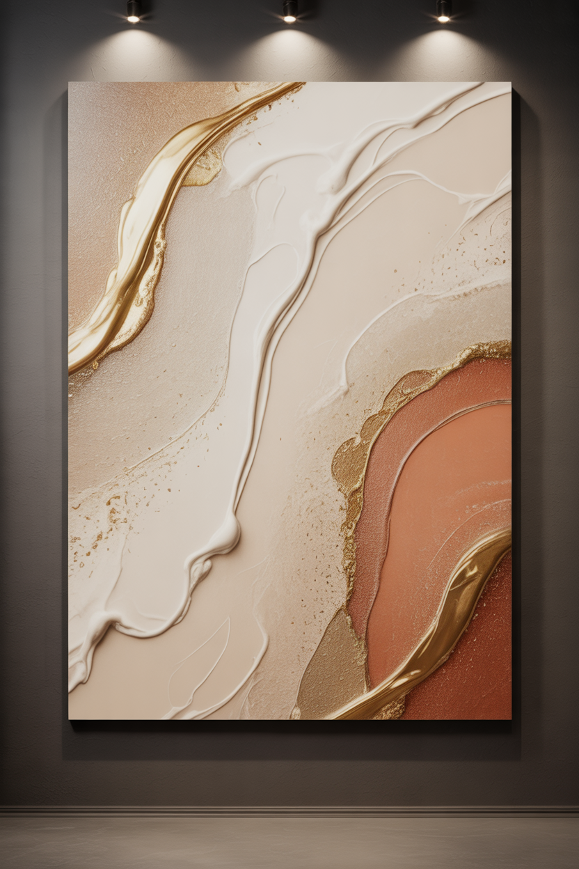 DIY abstract canvas painting with beige, terracotta, and gold tones in a modern aesthetic room