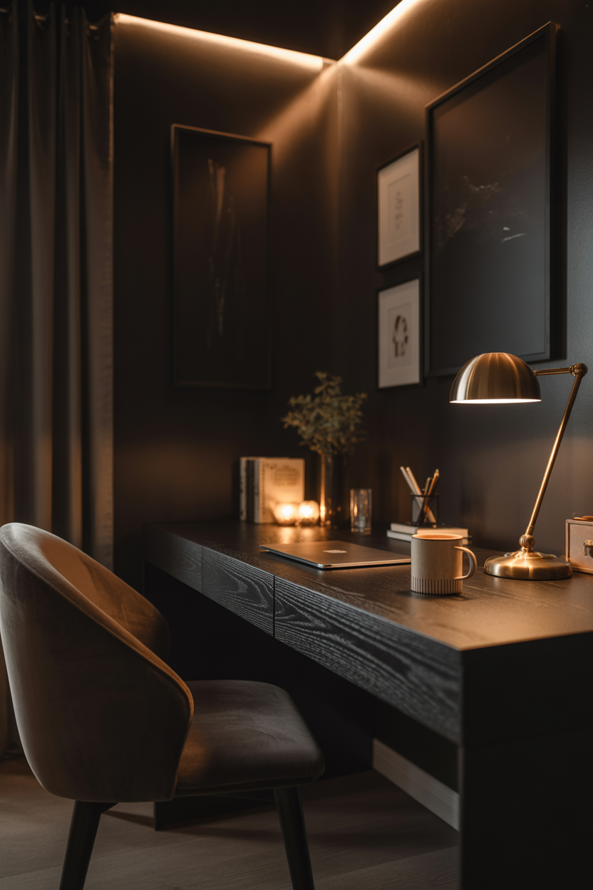 modern workspace makeover with stylish desk decor, warm lighting, and clean setup