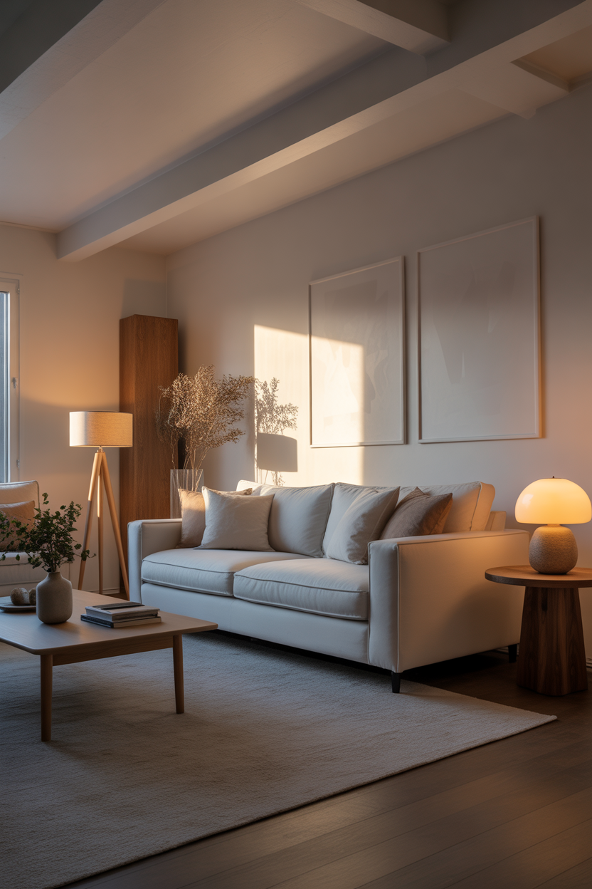 Scandinavian all-white living room, minimal, calm aesthetic design