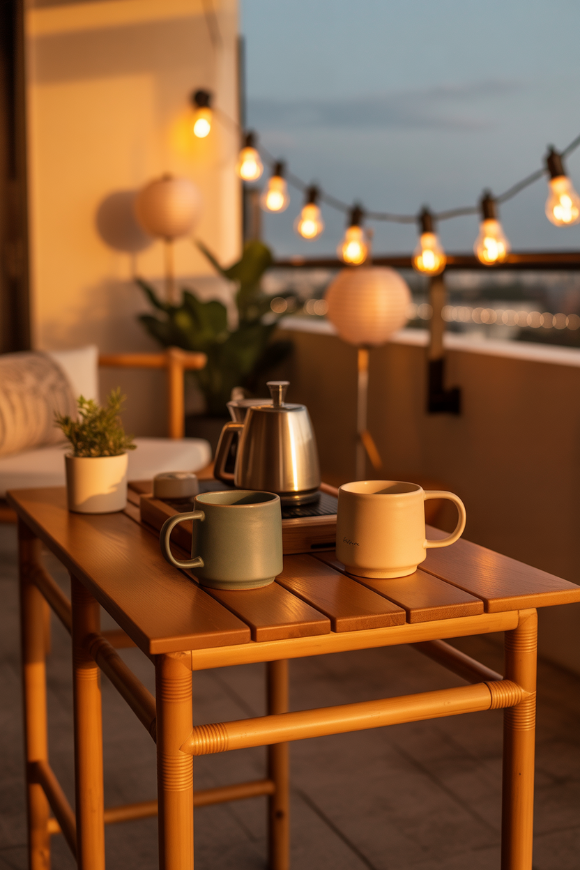 Japandi balcony coffee corner with cozy lighting and aesthetic setup