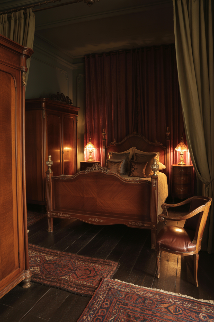 dark fantasy bedroom with antique wooden furniture