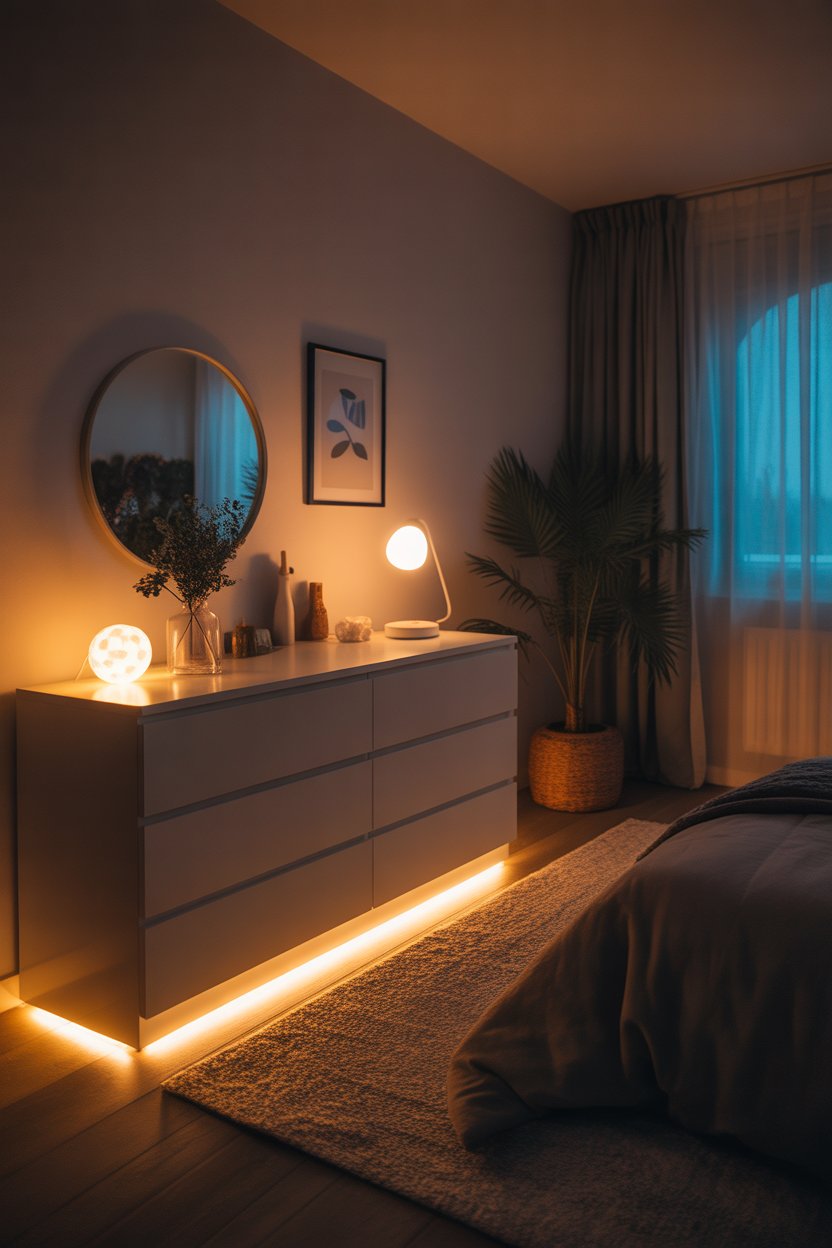 IKEA dresser with warm LED lights underneath creating a modern cozy glow at night