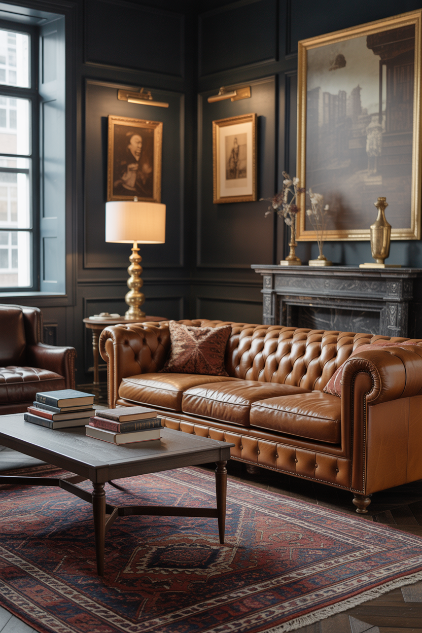 Vintage Persian rug in burgundy and navy tones anchoring a dark academia living room with a Chesterfield sofa