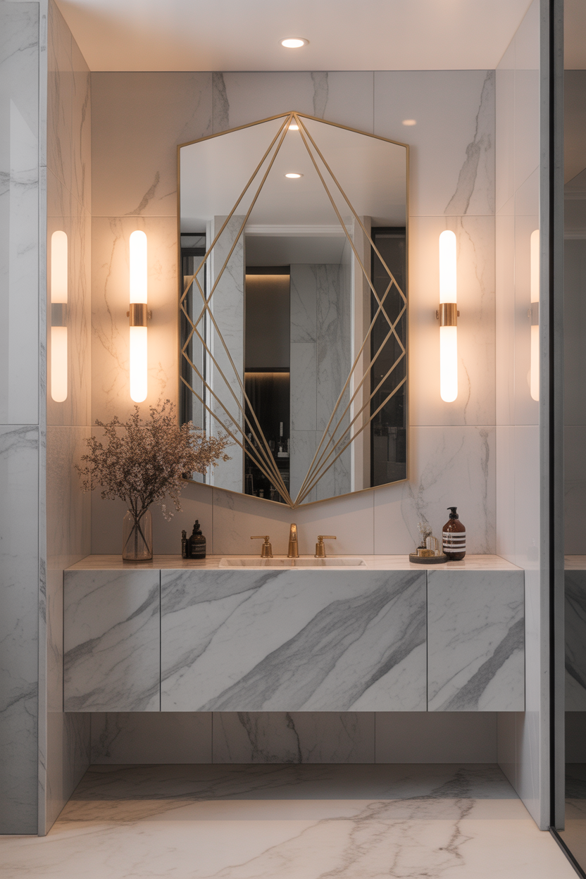Art Deco bathroom with large geometric statement mirror design
