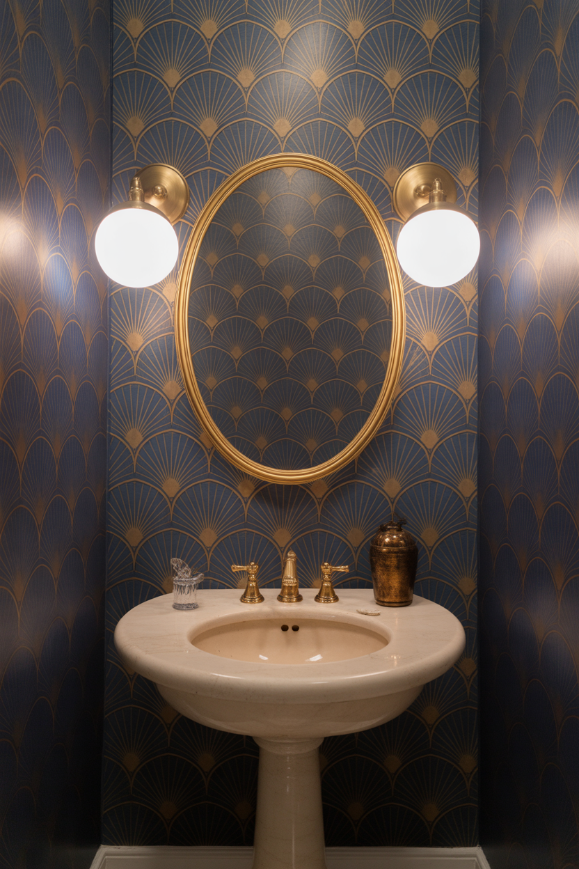 Art Deco gold fan motif wallpaper on navy background in a glamorous powder room with antique brass globe sconces