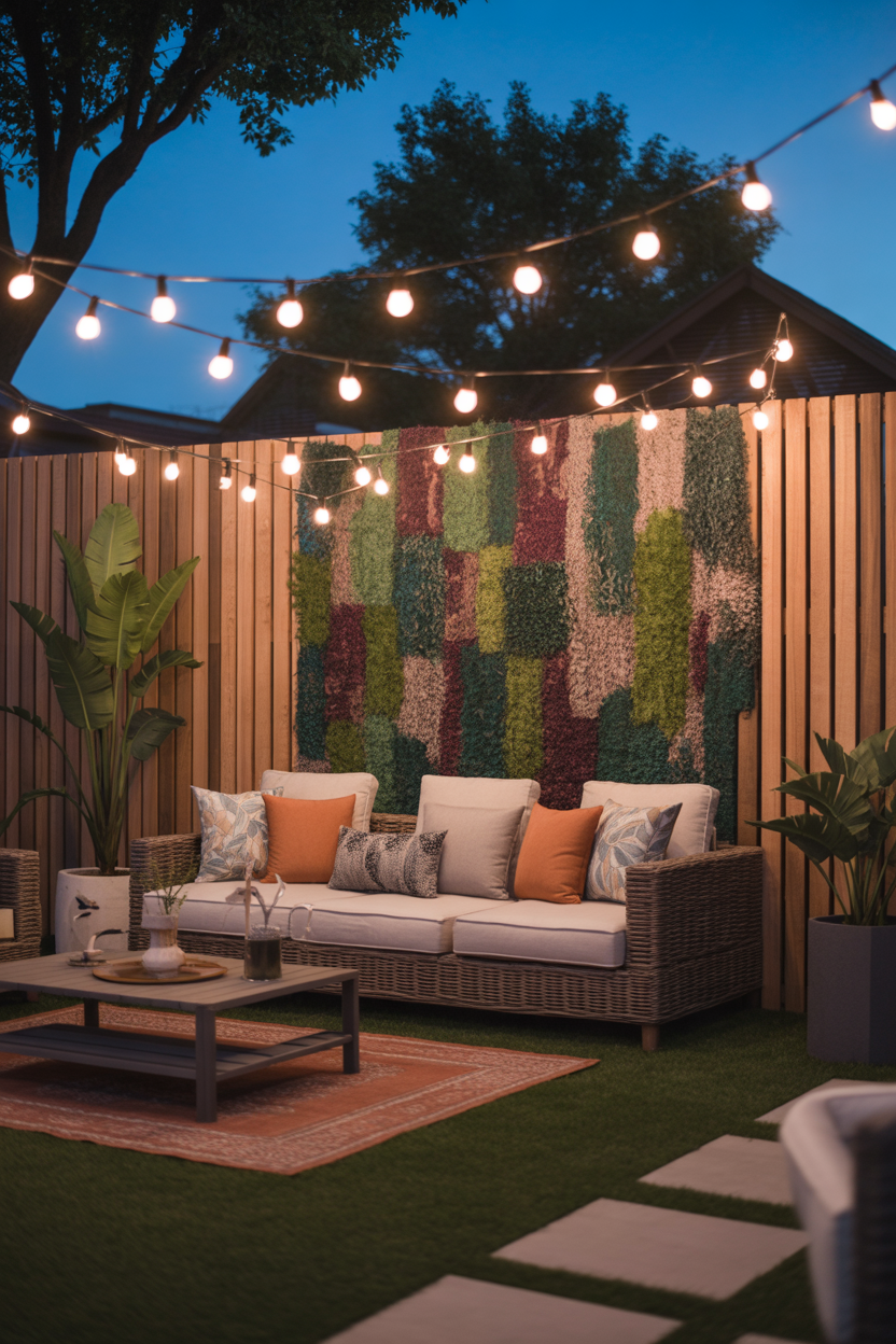 small backyard ideas with stylish fence decor and lighting