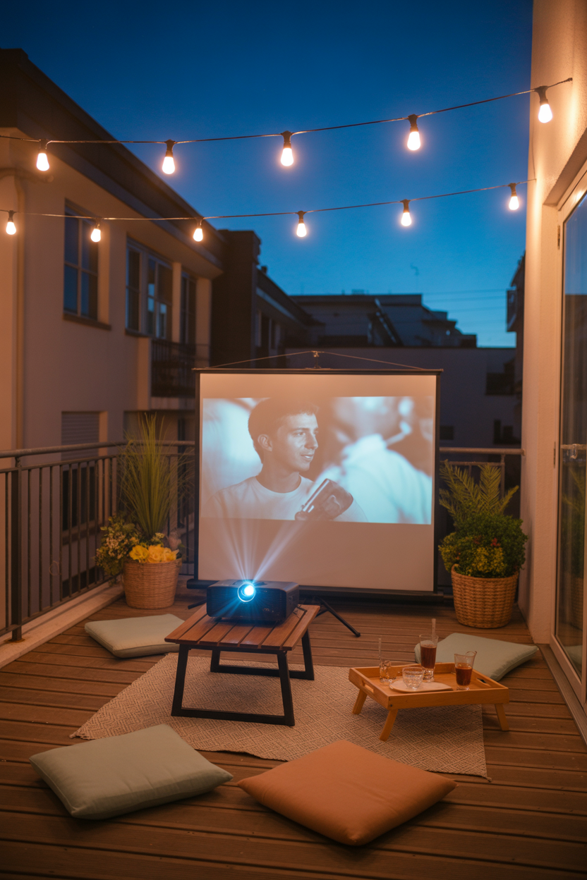 Mini projector outdoor cinema setup on apartment balcony for summer night decor and entertainment idea