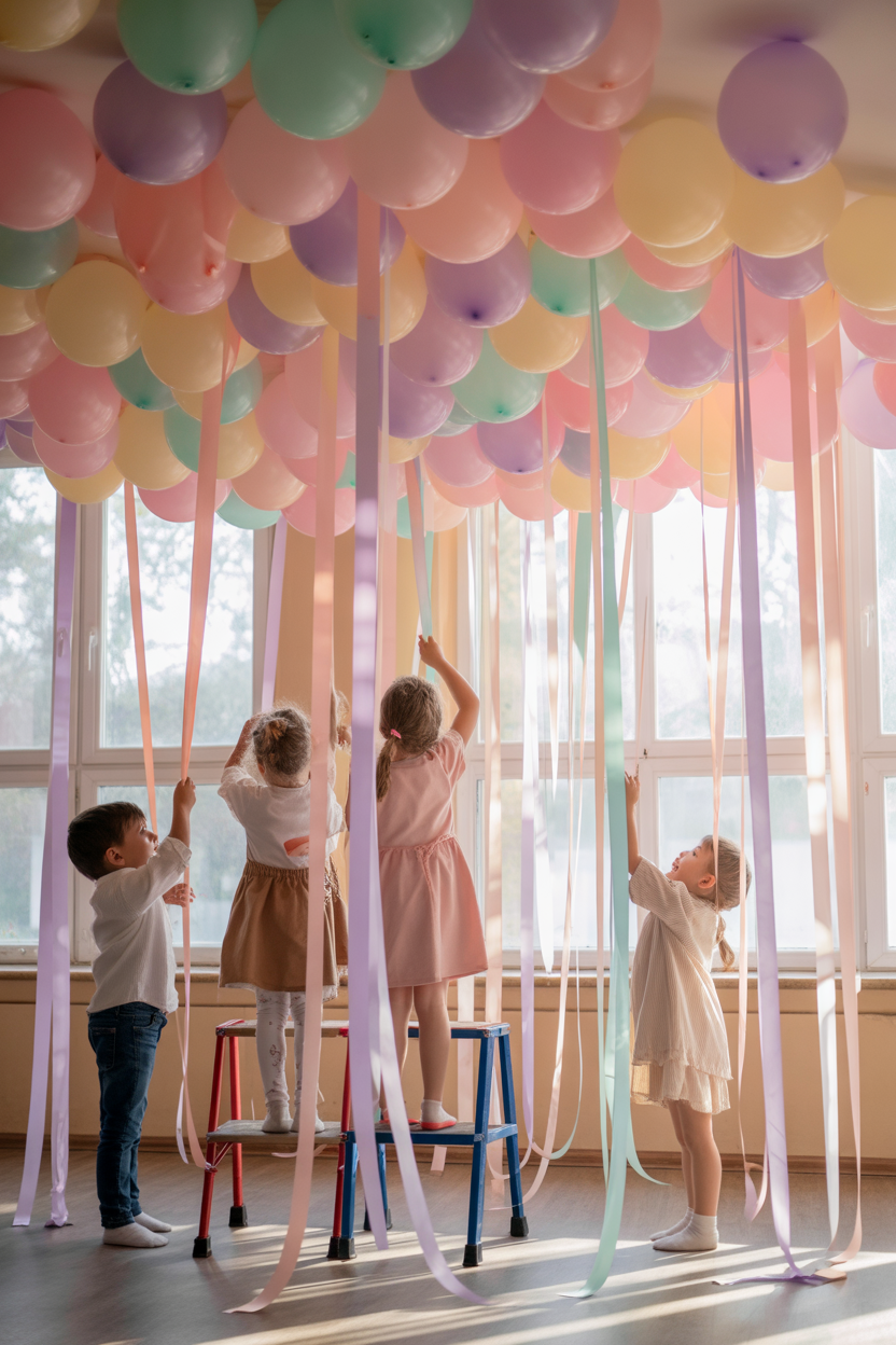 Ribbon and balloon ceiling classroom decoration for Mother’s Day
