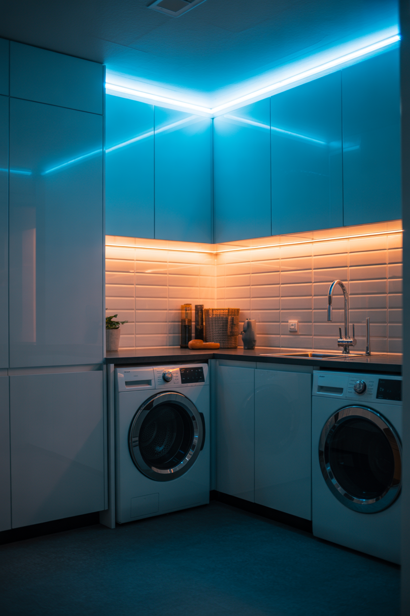 modern basement laundry room ideas with blue ambient lighting