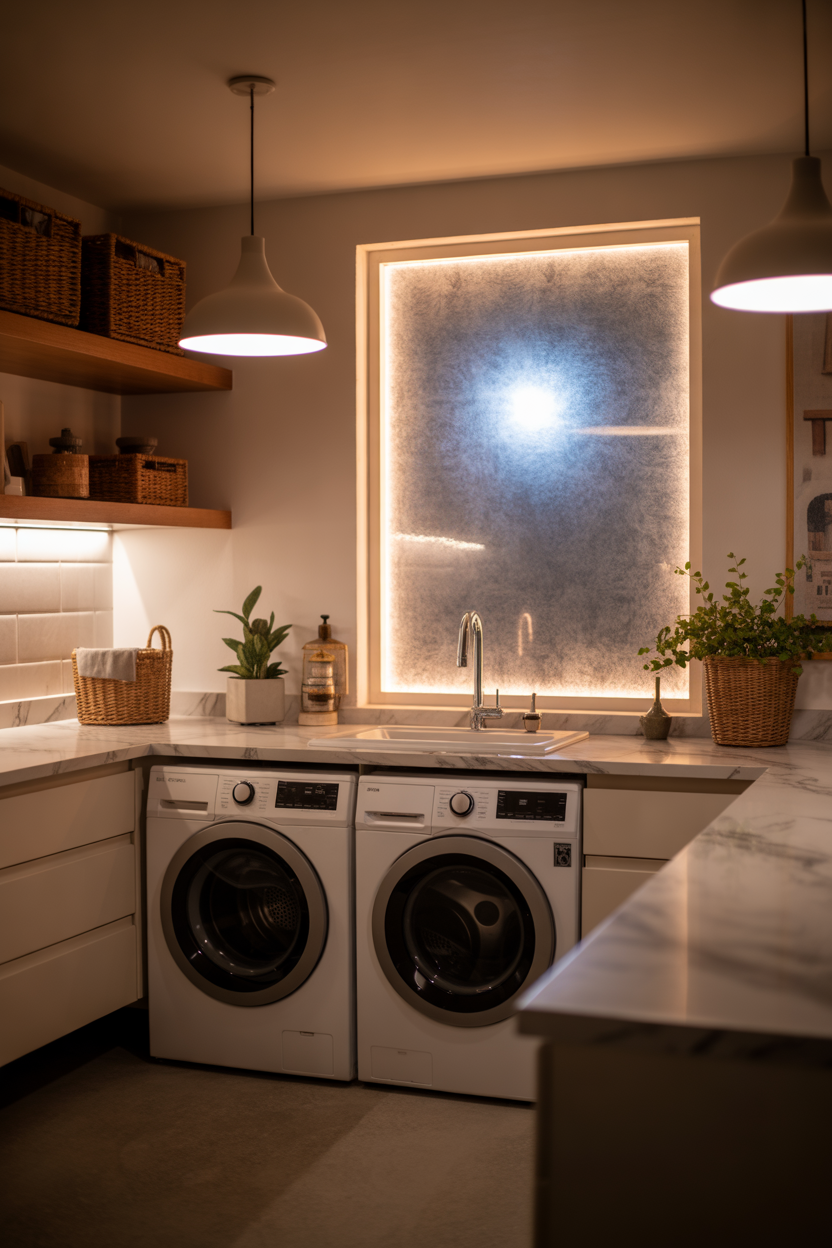 basement laundry room ideas with fake window lighting