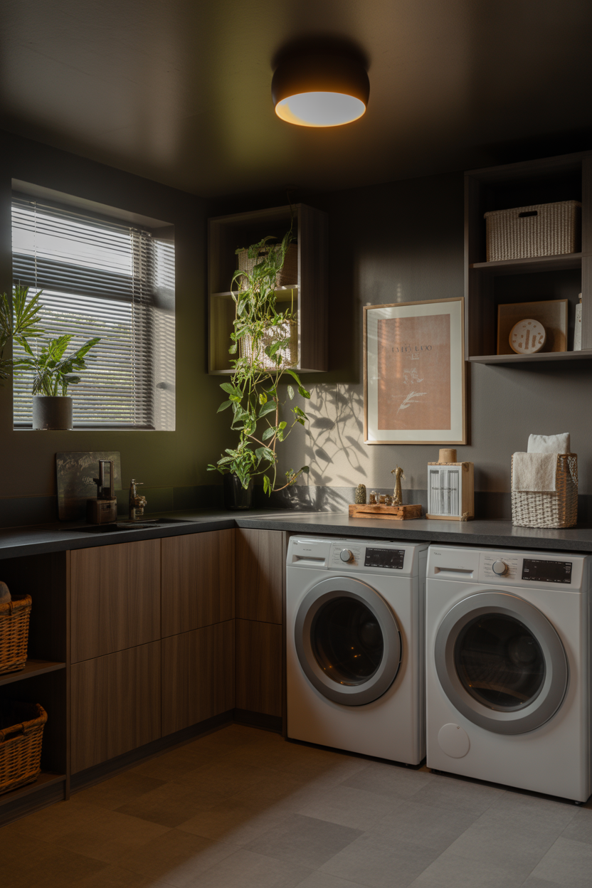 basement laundry room ideas with greenery and cozy lighting