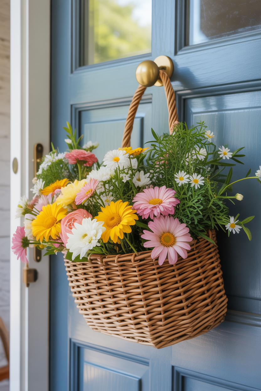 Summer door hanger ideas, basket style, farmhouse, floral decor