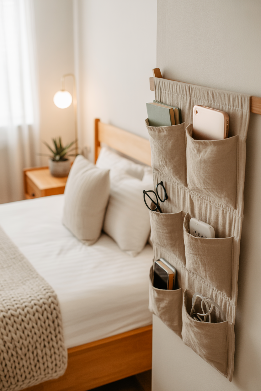 Wall-mounted bedside pocket organizer for a small bedroom storage solution