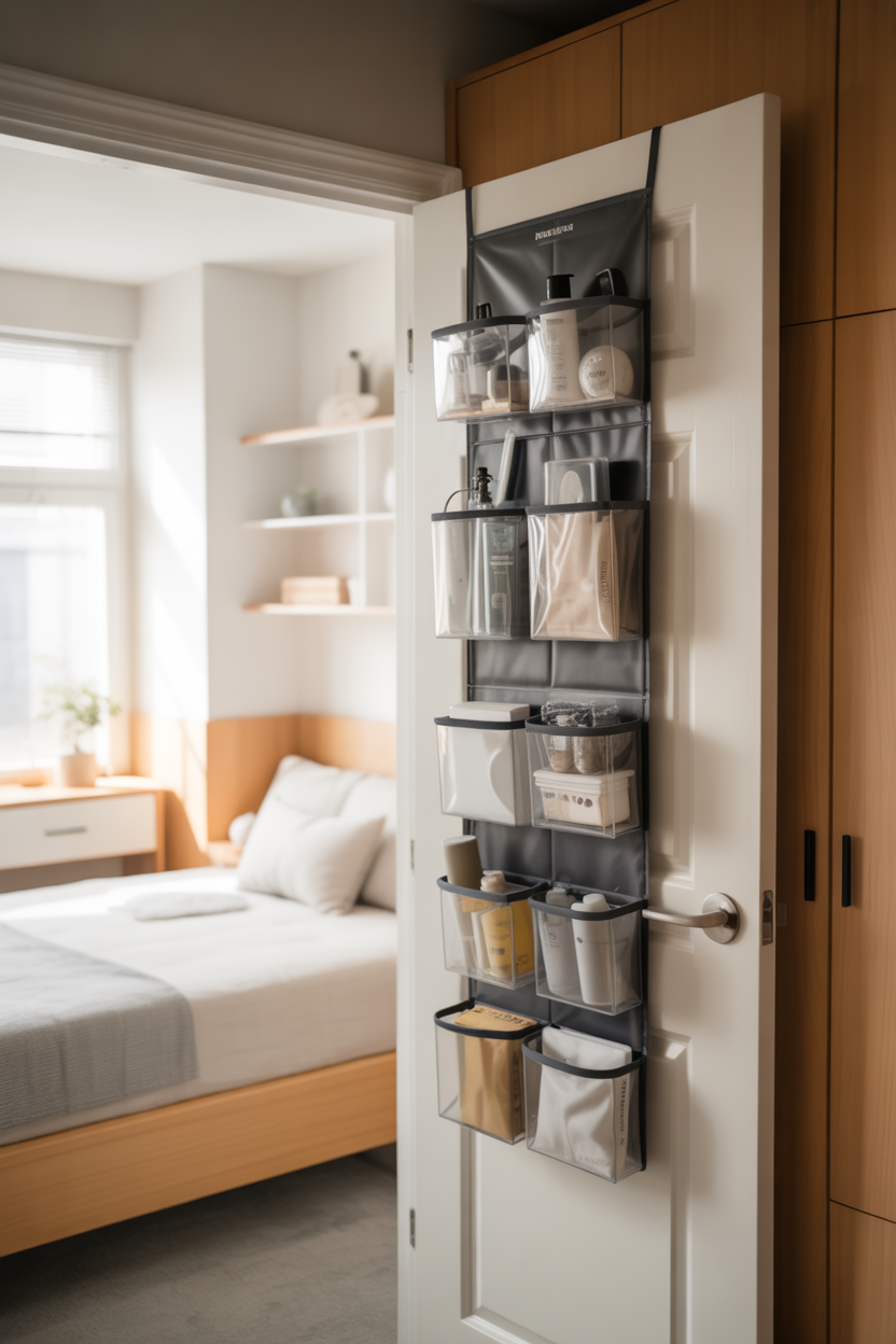 Behind-door organizer for shoes and small items in a compact home space