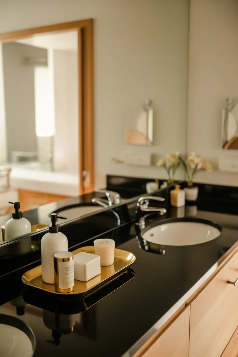 Black and gold bathroom accessories set with a soap dispenser tray and a candle styled on a countertop like a designer