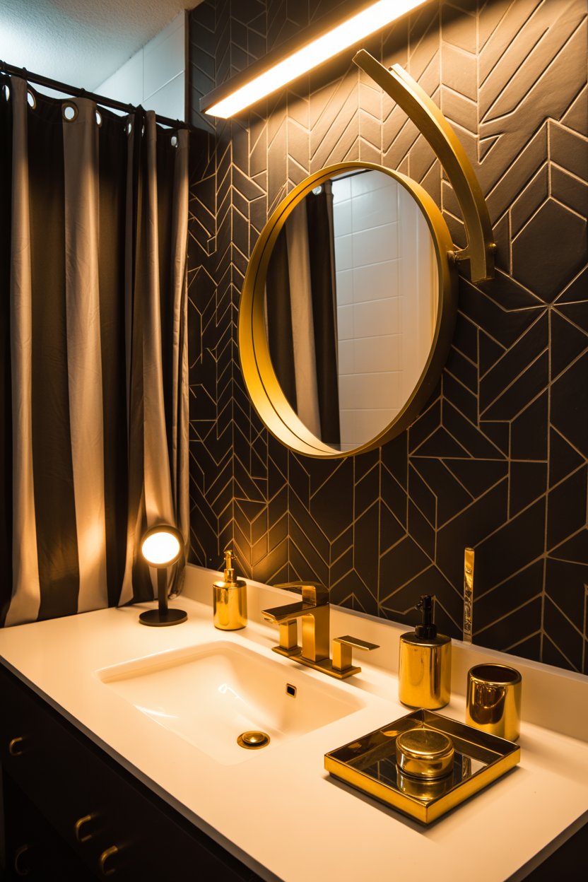 Renter-friendly black and gold bathroom transformation with peel-and-stick wallpaper, gold mirror, and shower curtain