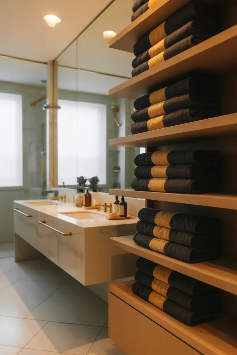 Black and gold bathroom towels neatly folded on an open shelf for a boutique hotel luxury look