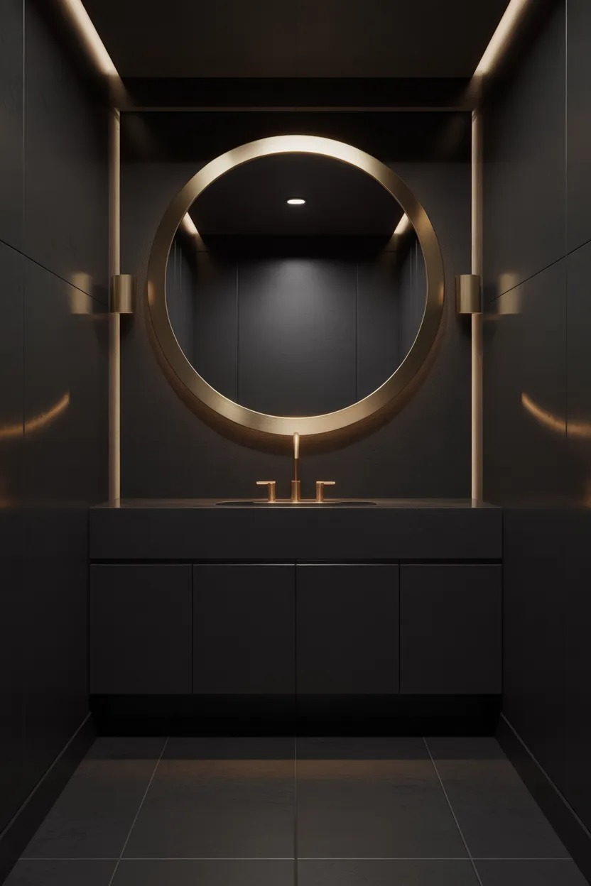 Black and gold Art Deco wallpaper bathroom with white fixtures and gold mirror for a bold luxury look