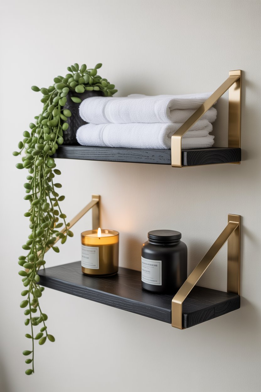 Black floating bathroom shelves with gold brackets styled with white towels and plants for a modern luxury look
