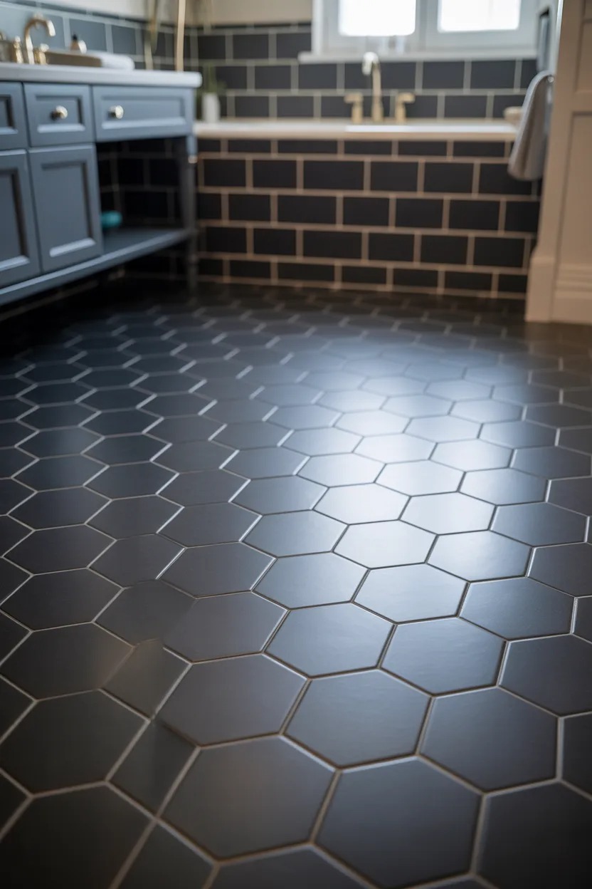 Black hexagon bathroom floor tiles with gold grout for a stunning luxury detail in a modern bathroom